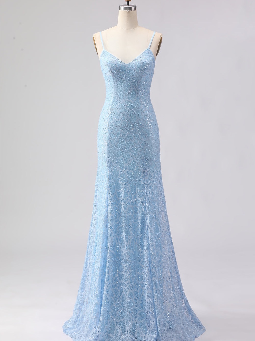 Zapaka Sky Blue Mermaid Spaghetti Straps Sequins Long Gown with Lace Up Back